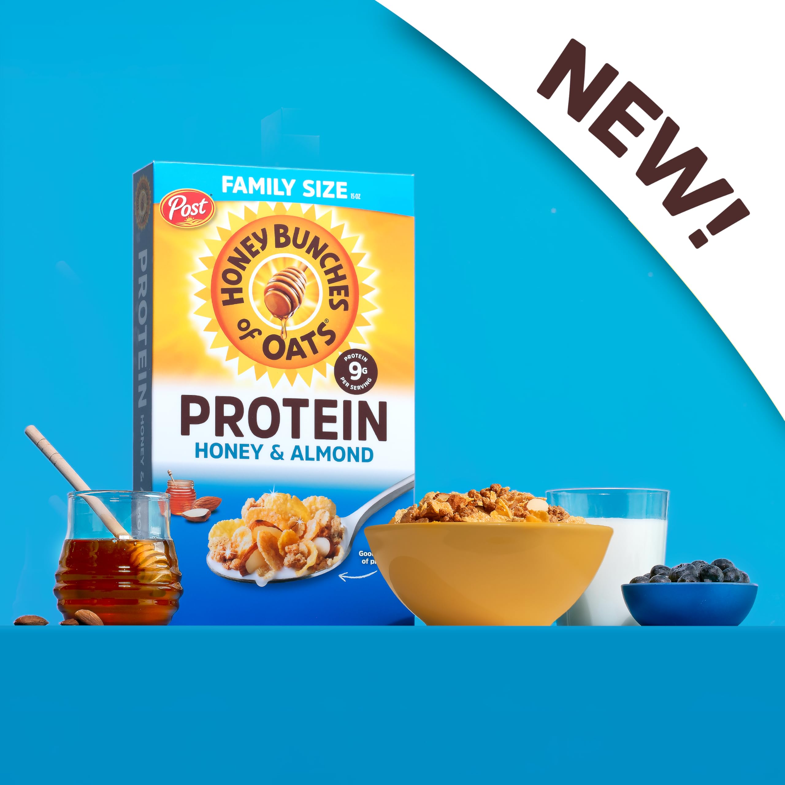 Honey Bunches of Oats close-up with crispy flakes and clusters in milk.