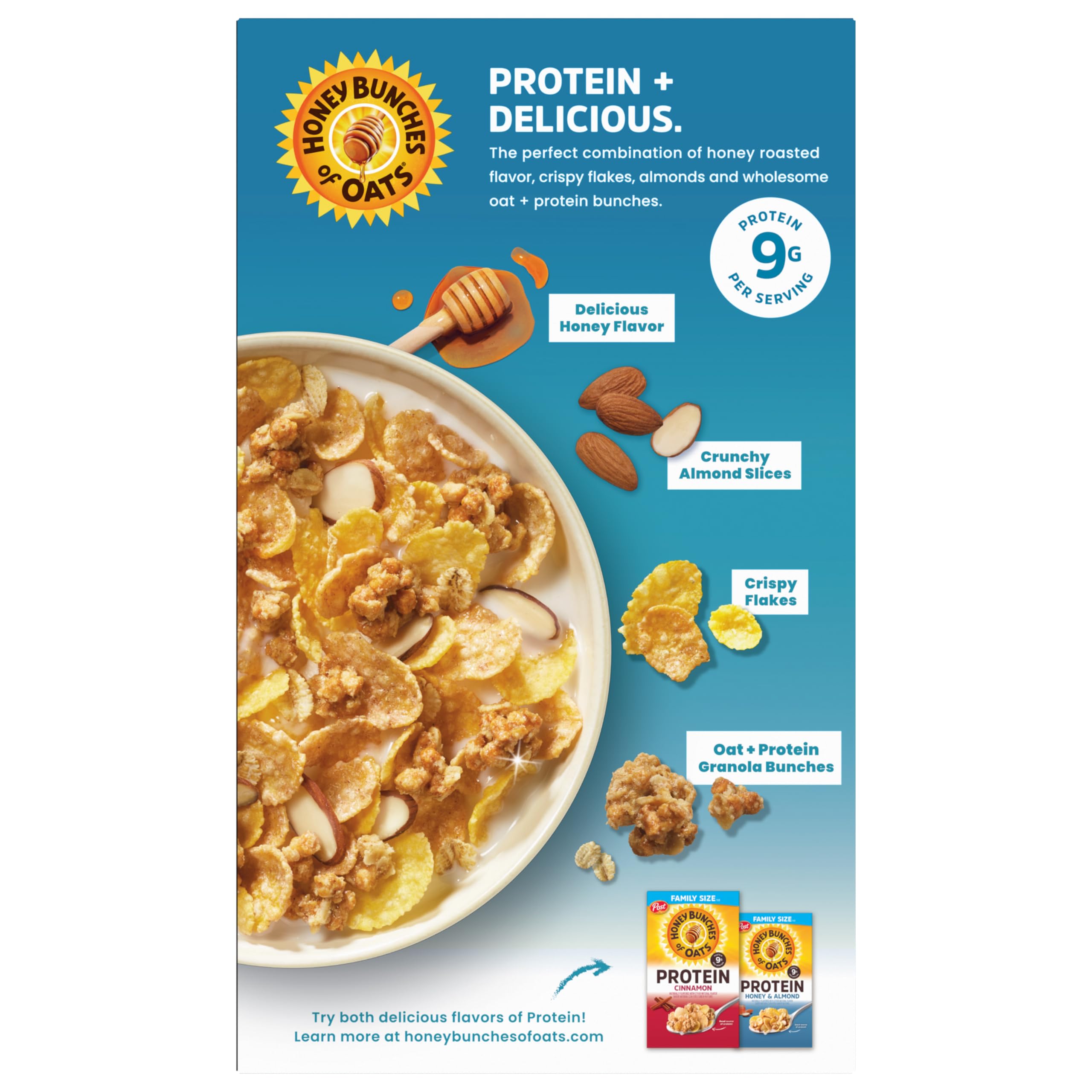Milk being poured into a bowl of Honey Bunches of Oats.