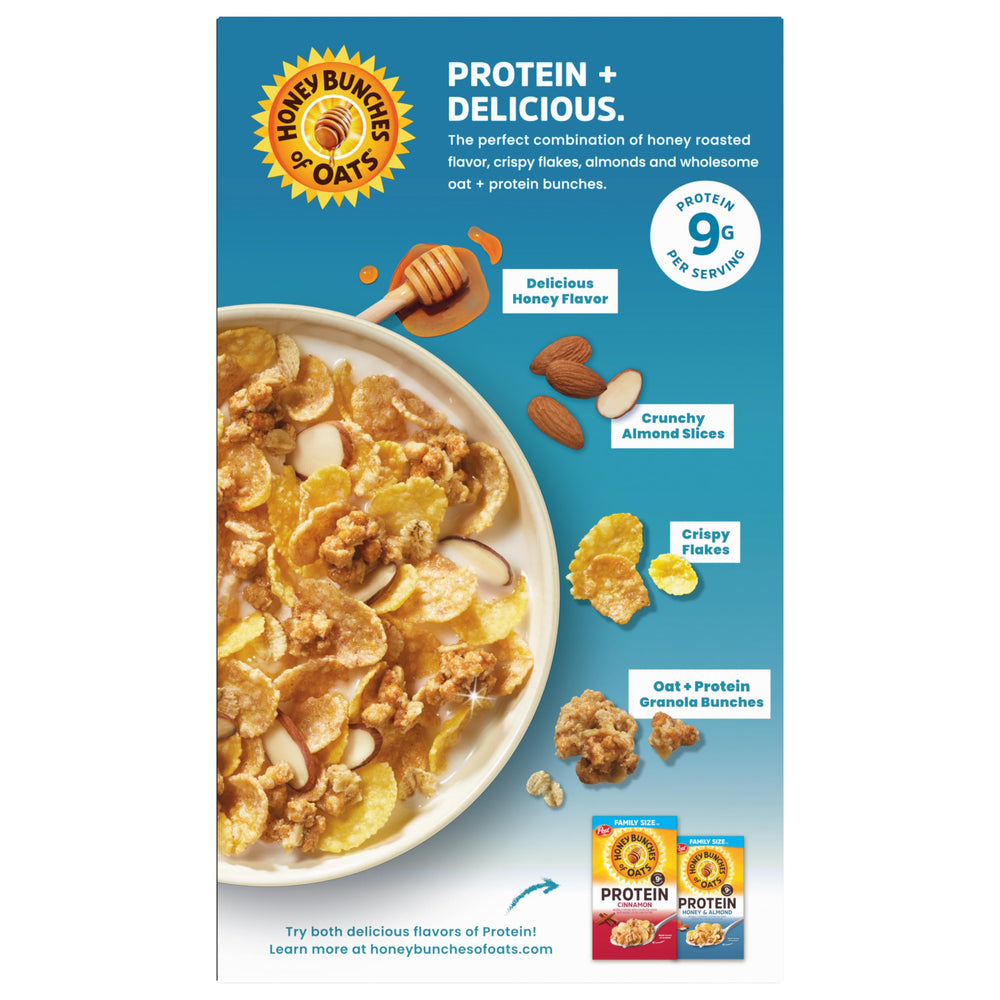 Milk being poured into a bowl of Honey Bunches of Oats.