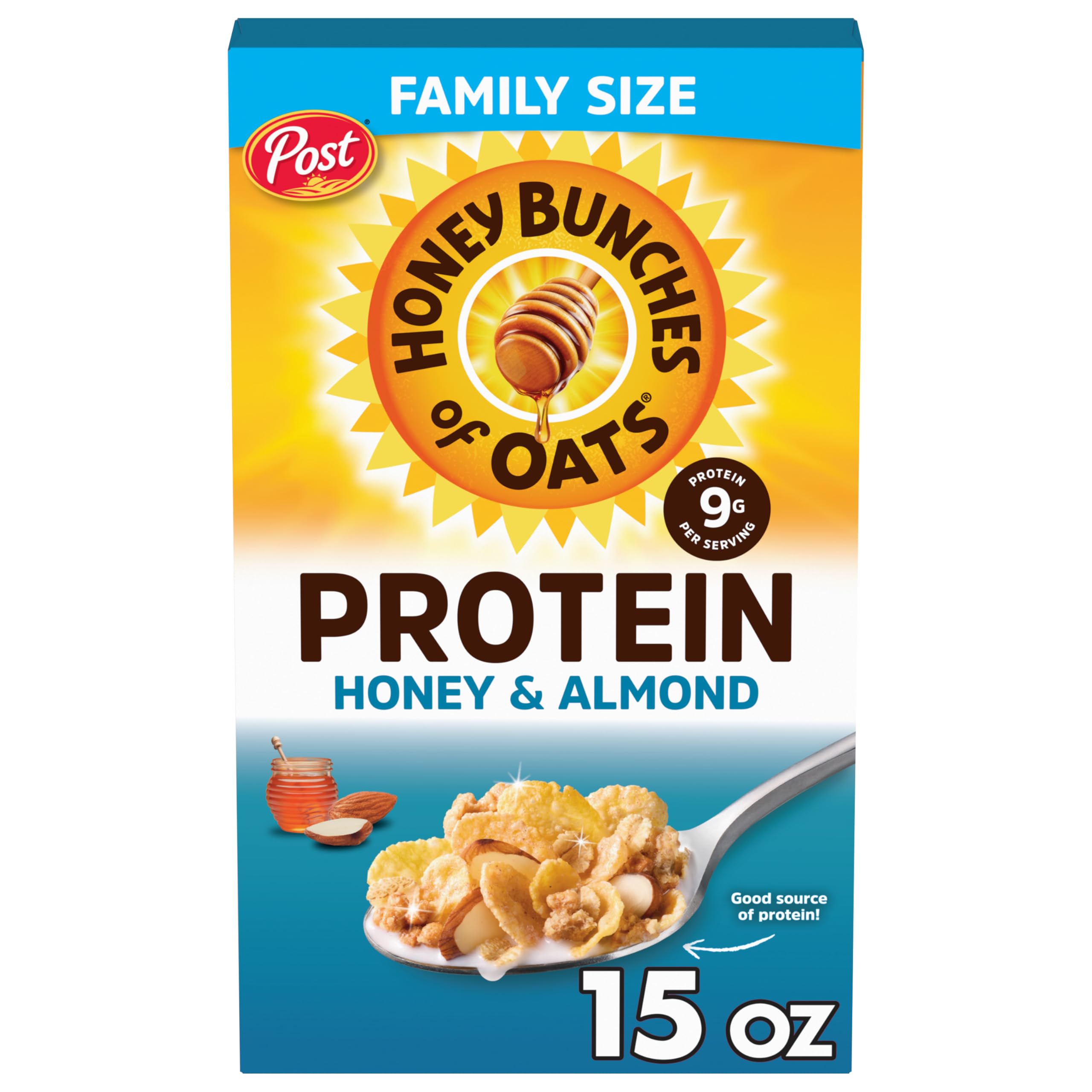 Honey Bunches of Oats packaging shot for convenient breakfast.