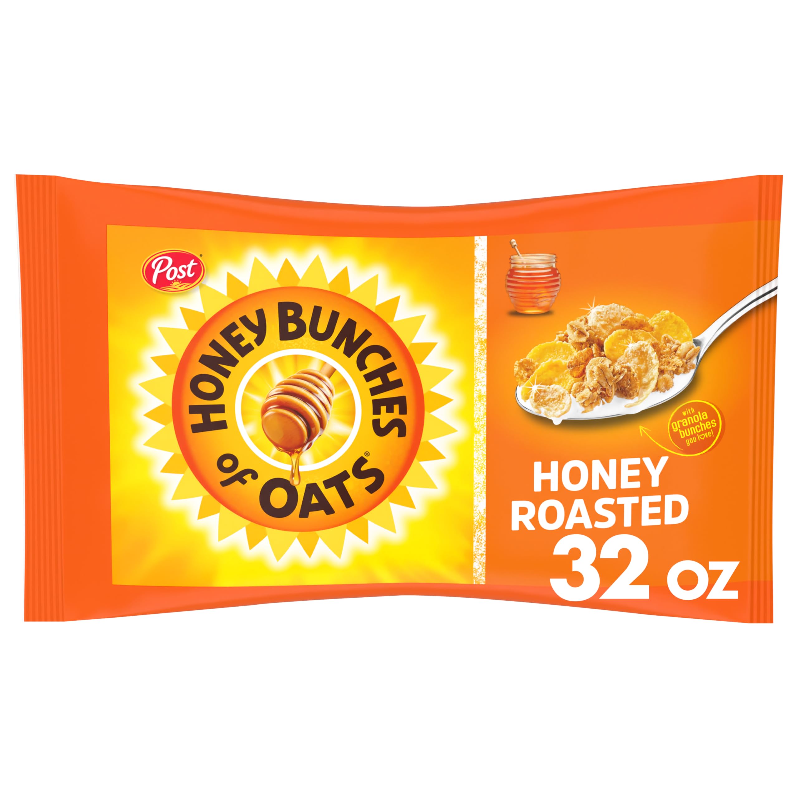 Honey Bunches of Oats Honey Roasted bag shows a ready-to-serve breakfast option