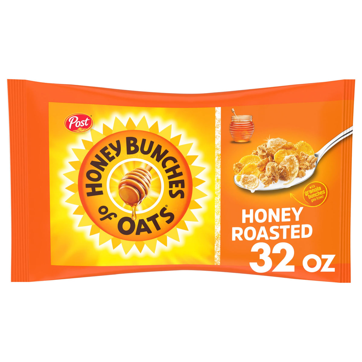 Honey Bunches of Oats Honey Roasted bag shows a ready-to-serve breakfast option