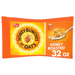 Honey Bunches of Oats Honey Roasted bag shows a ready-to-serve breakfast option