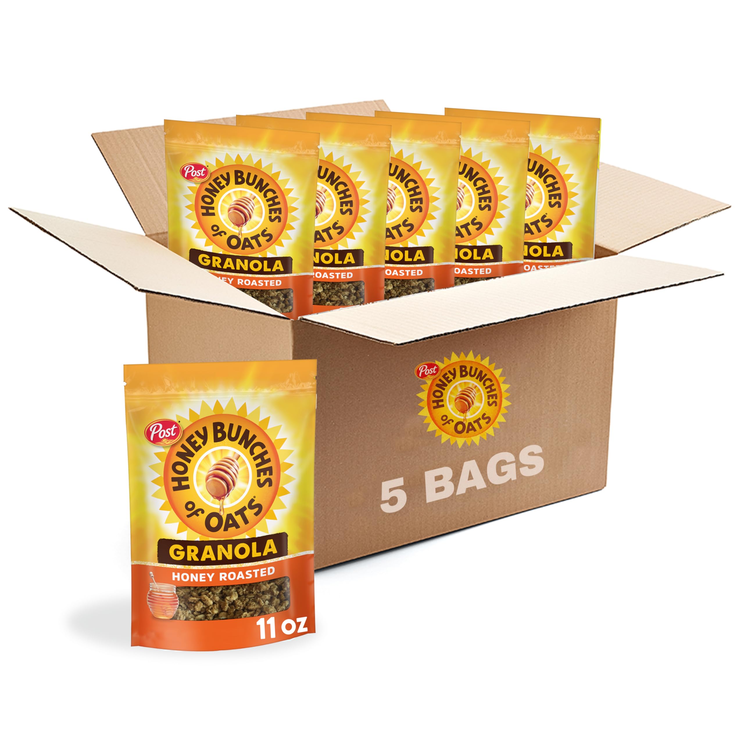 Honey Bunches of Oats honey-roasted granola bag with five-pack, ideal breakfast option.