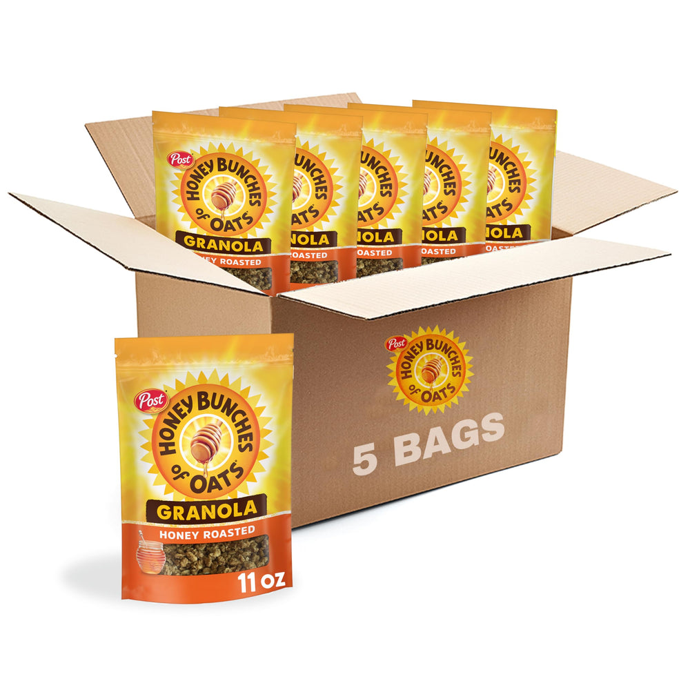 Honey Bunches of Oats honey-roasted granola bag with five-pack, ideal breakfast option.