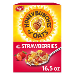 Honey Bunches of Oats with Real Strawberries bowl shows crispy flakes for a satisfying crunch