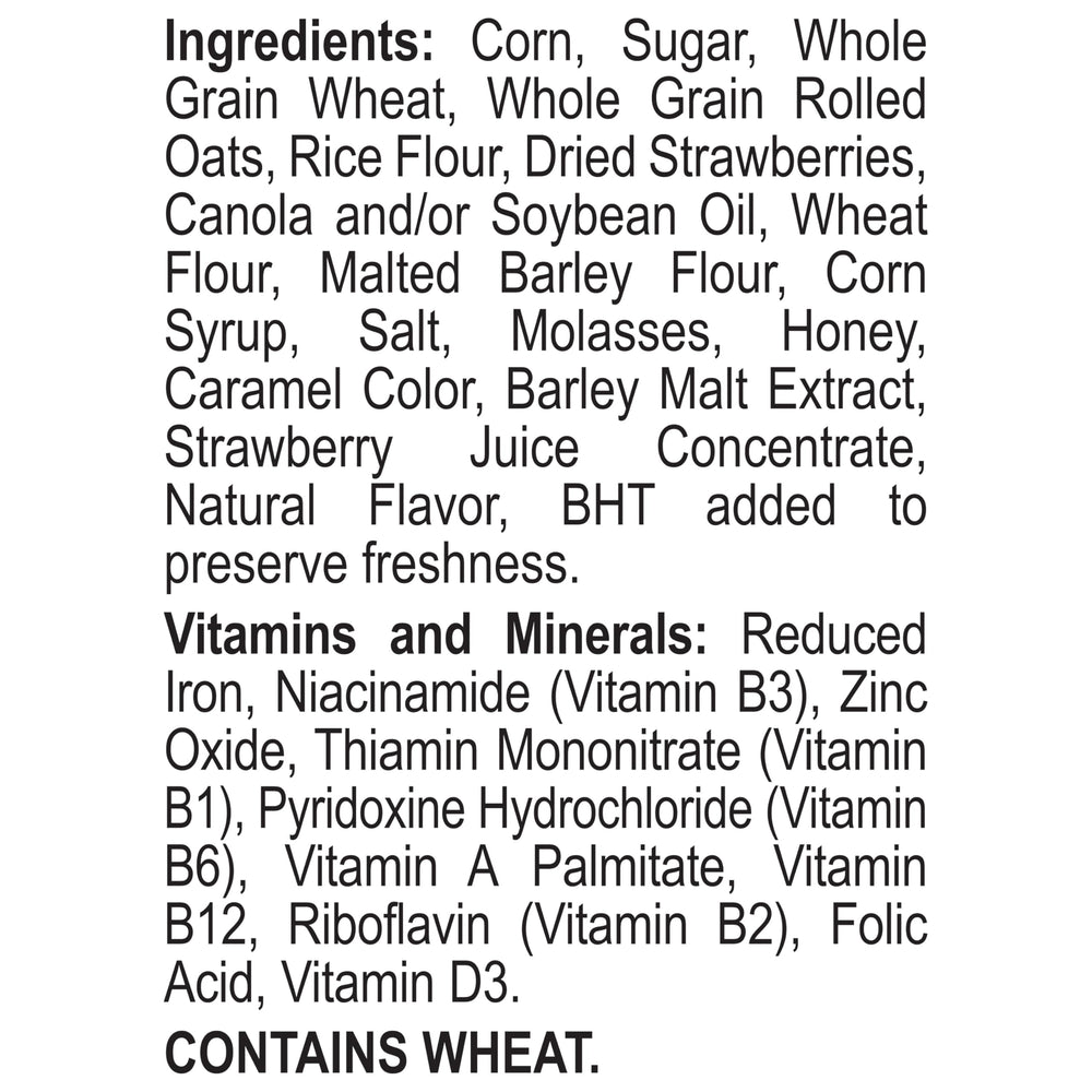 Honey Bunches of Oats with Real Strawberries box showcases whole grains and vitamins