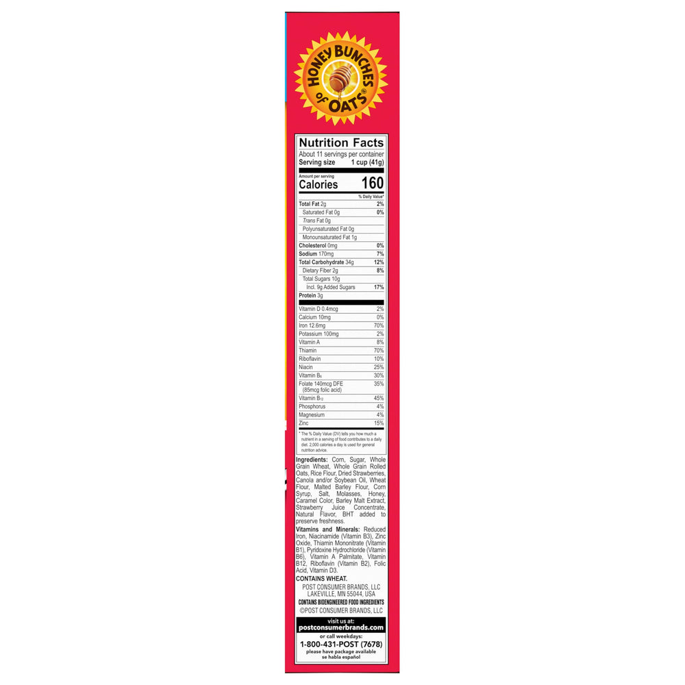Honey Bunches of Oats with Real Strawberries nutrition-label image highlights wholesome grains