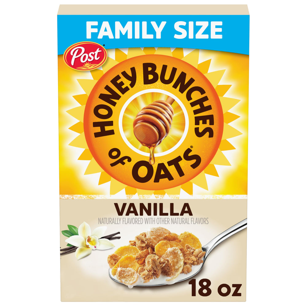 Honey Bunches of Oats Vanilla cereal box, family size for busy mornings.