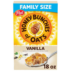 Honey Bunches of Oats Vanilla cereal box, family size for busy mornings.