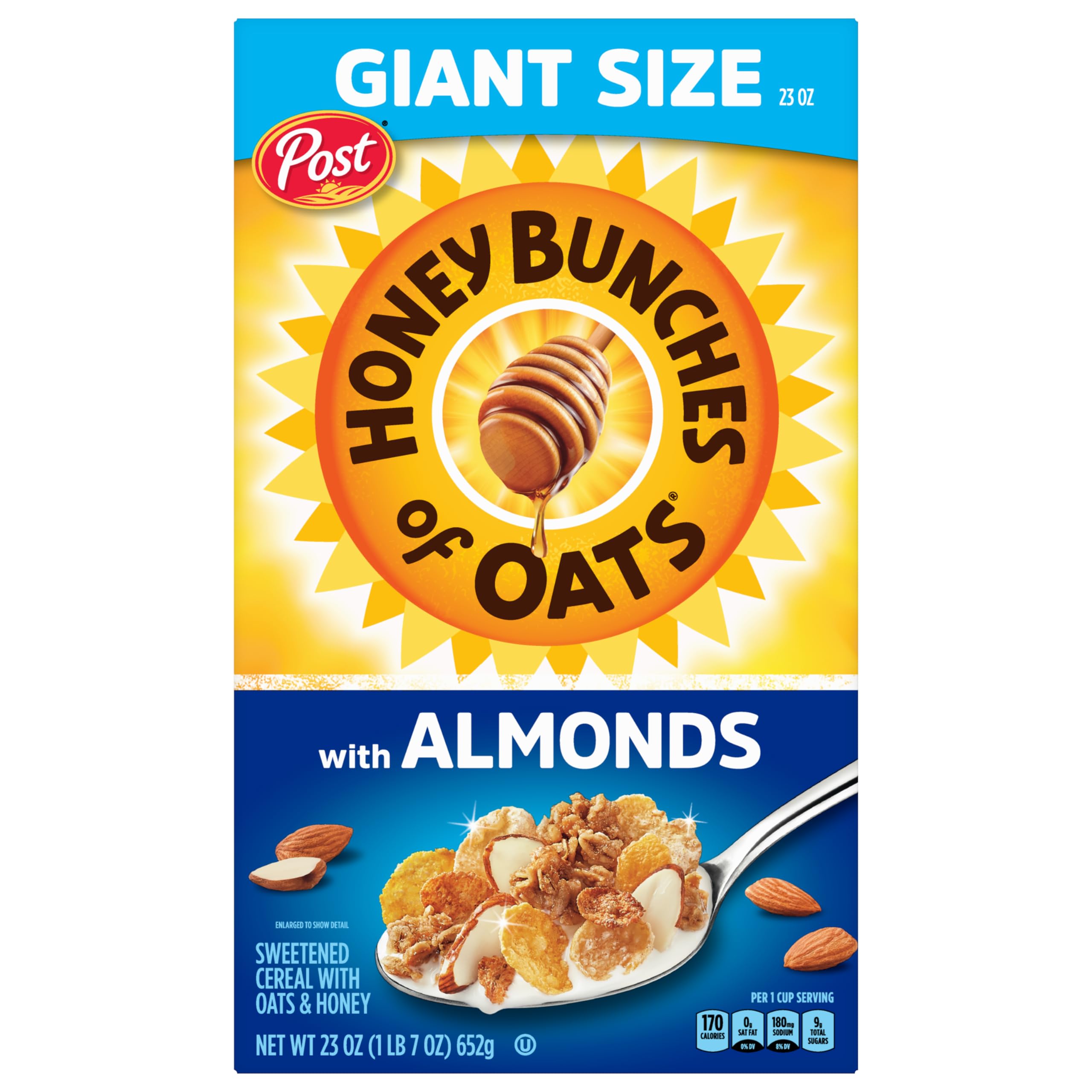Honey Bunches of Oats with Almonds box front shows wholesome grains and texture