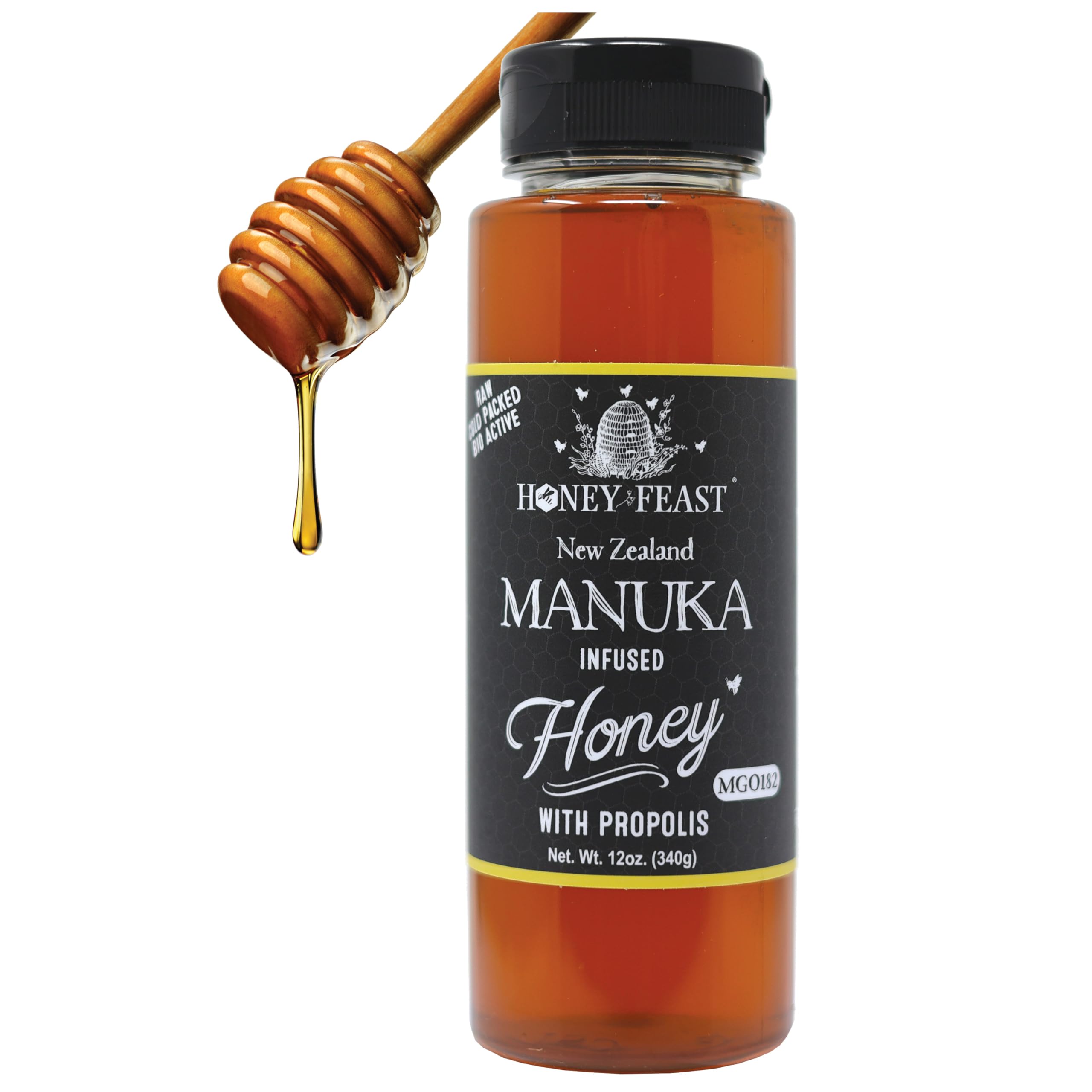 Honey Feast Manuka Infused Honey bottle with Propolis highlights rich flavor for everyday use