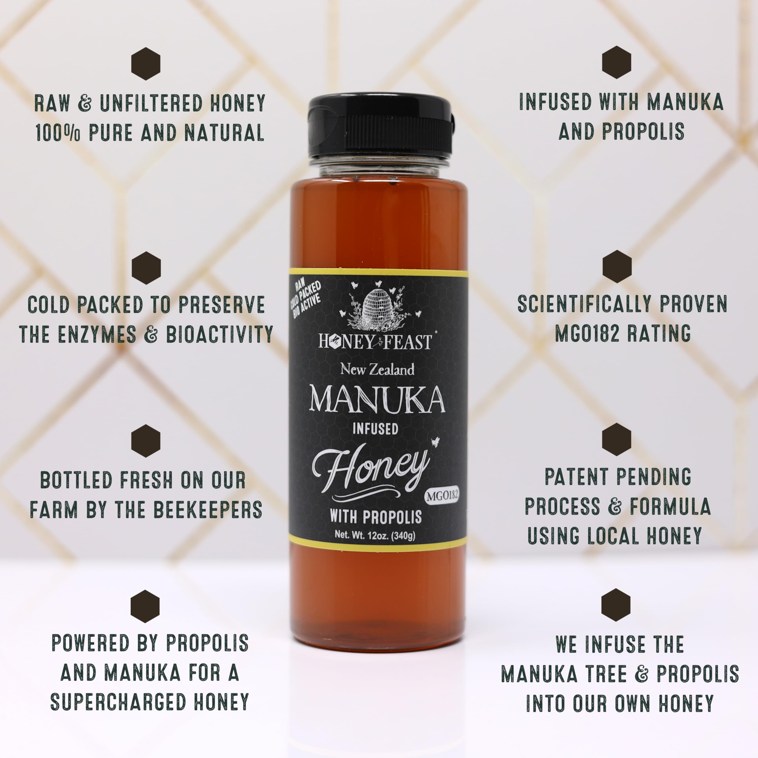 Honey Feast MGO182 label signals high-quality Manuka source and potency