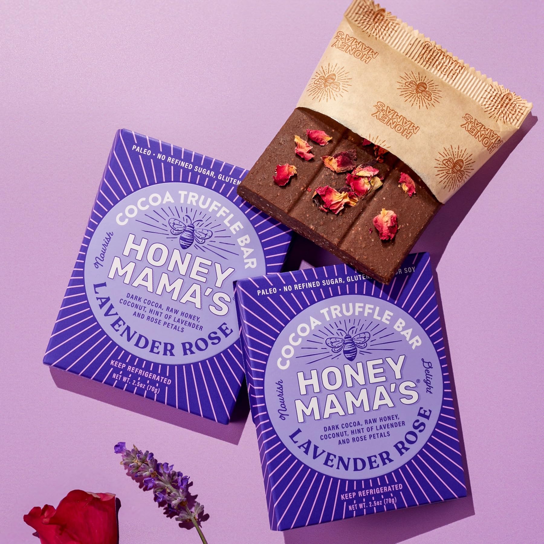 Rose petals sprinkled on Honey Mama's Lavender Rose bar