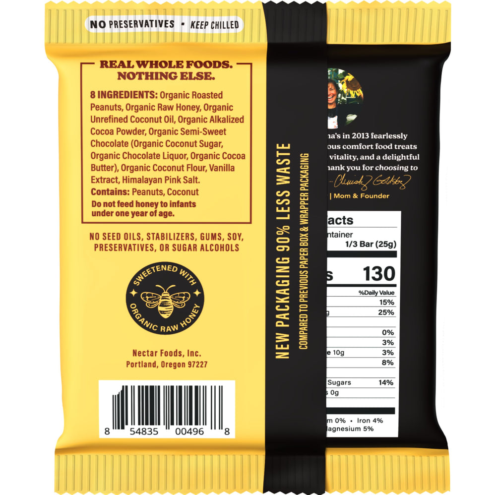 Honey Mama's fudgy texture slice highlights indulgent chocolate, a clean snack option.
