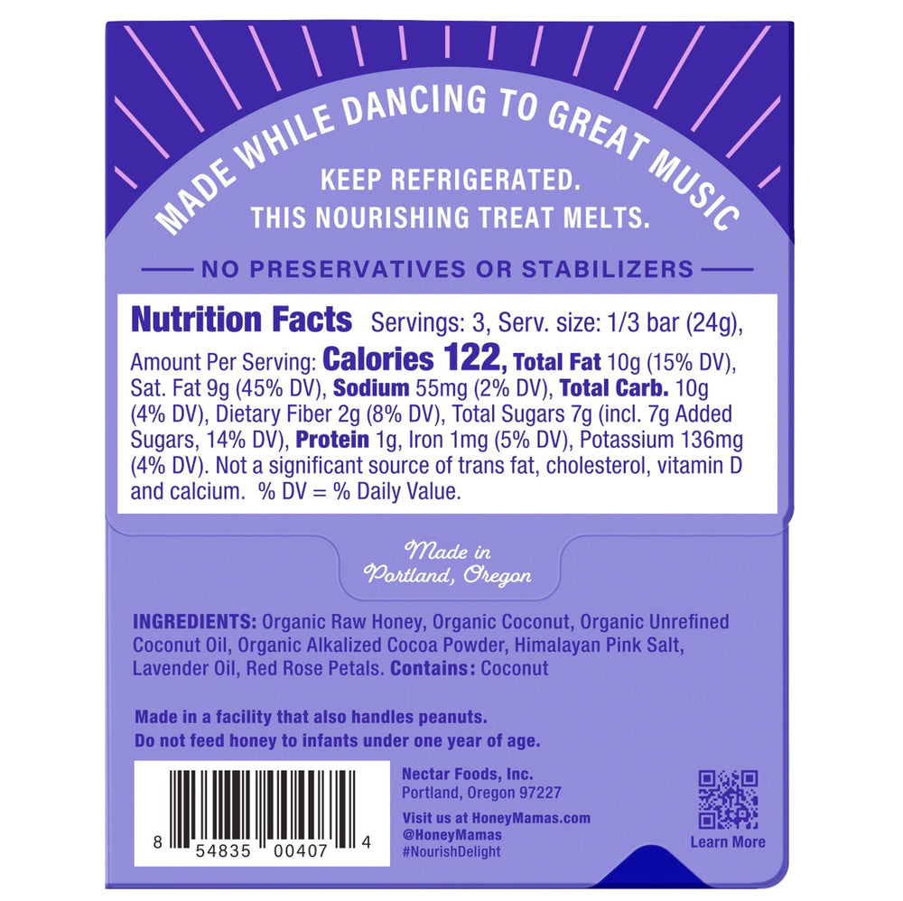 Slice of Honey Mama's Lavender Rose truffle bar showing seven real ingredients