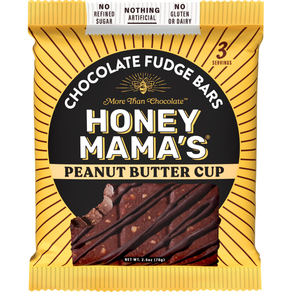 Honey Mama's Peanut Butter Cup Bar close-up shows fudgy texture and creamy peanut butter for a satisfying pause.