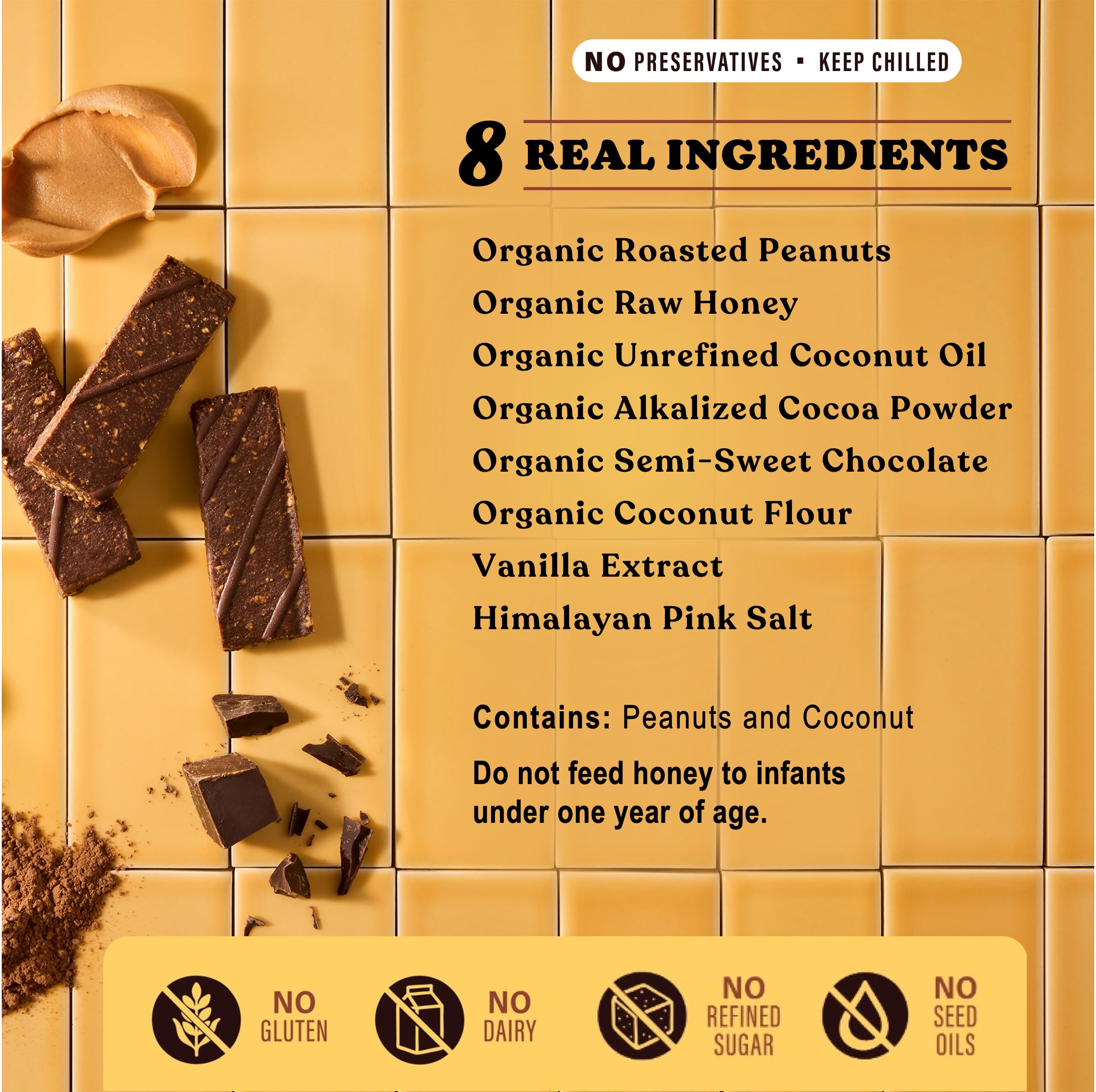 Honey Mama's refrigerated bar image conveys storage needs for optimal fudgy texture.