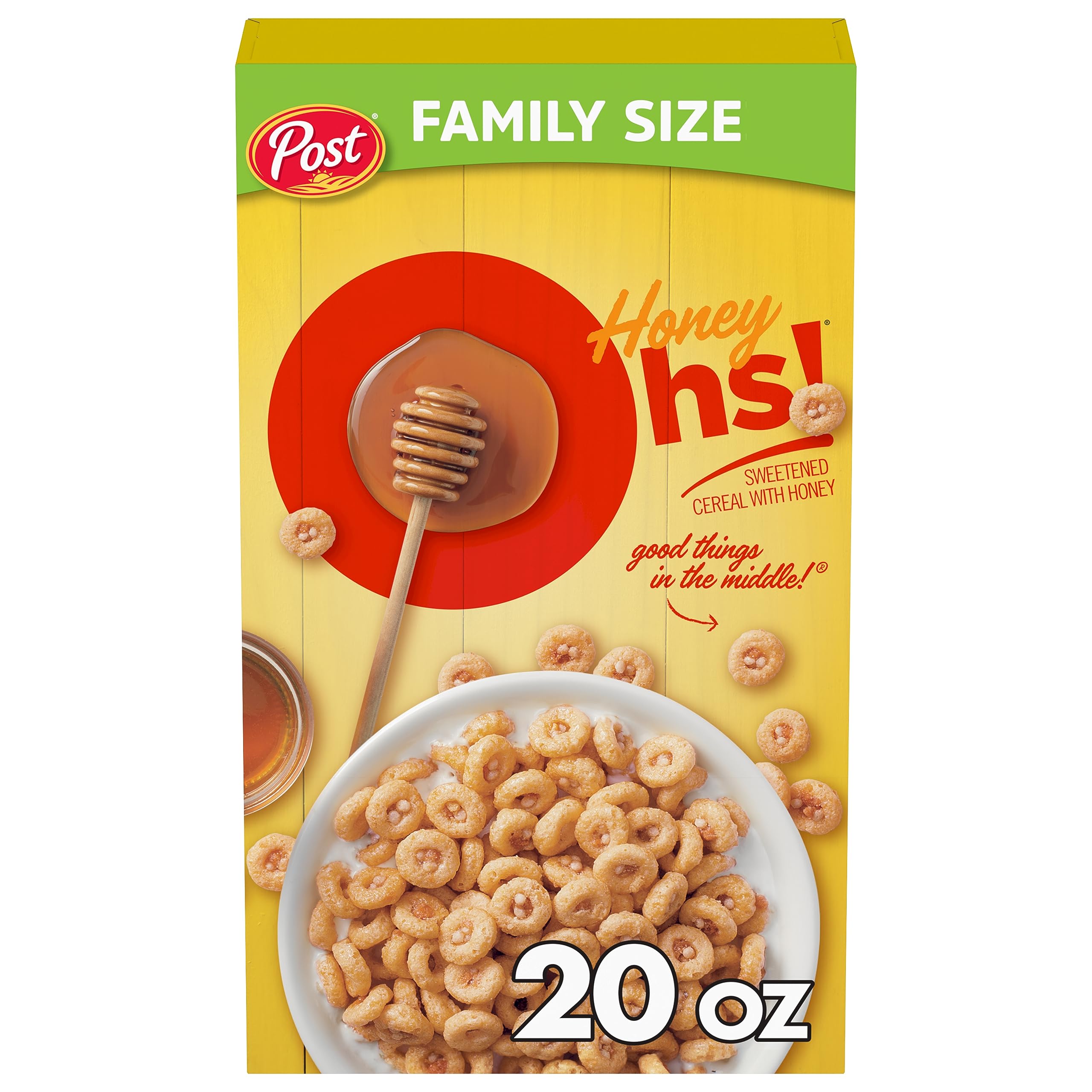 Honey Ohs! Family Size cereal with crunchy Os in a bowl for breakfast