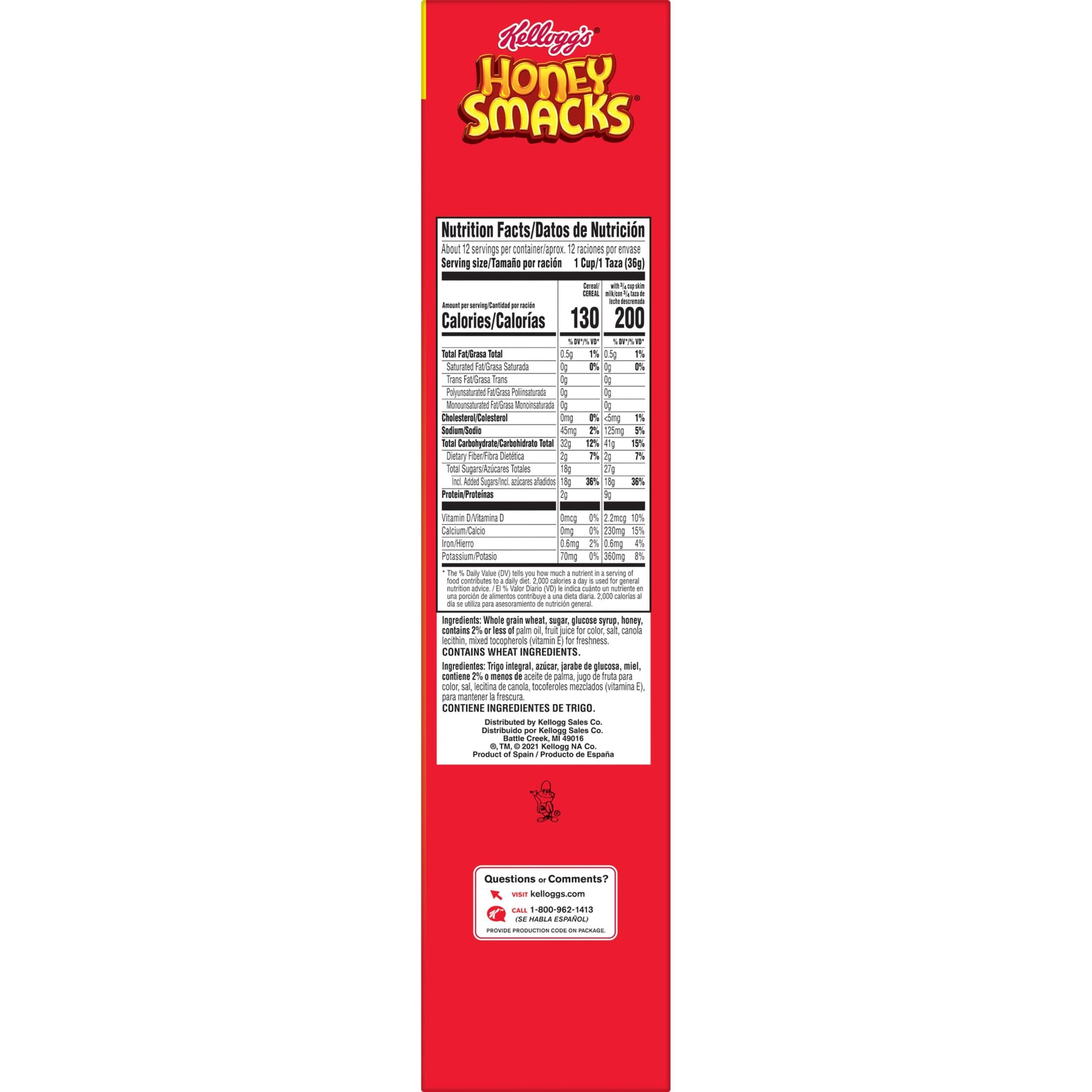 Honey Smacks box front highlighting whole grain goodness.