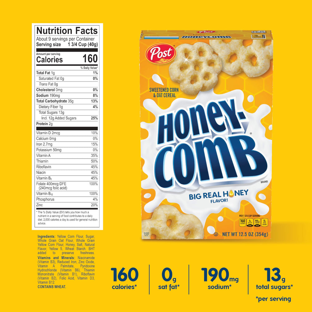 Honeycomb cereal close-up shows the big honeycomb shape and crunchy texture.