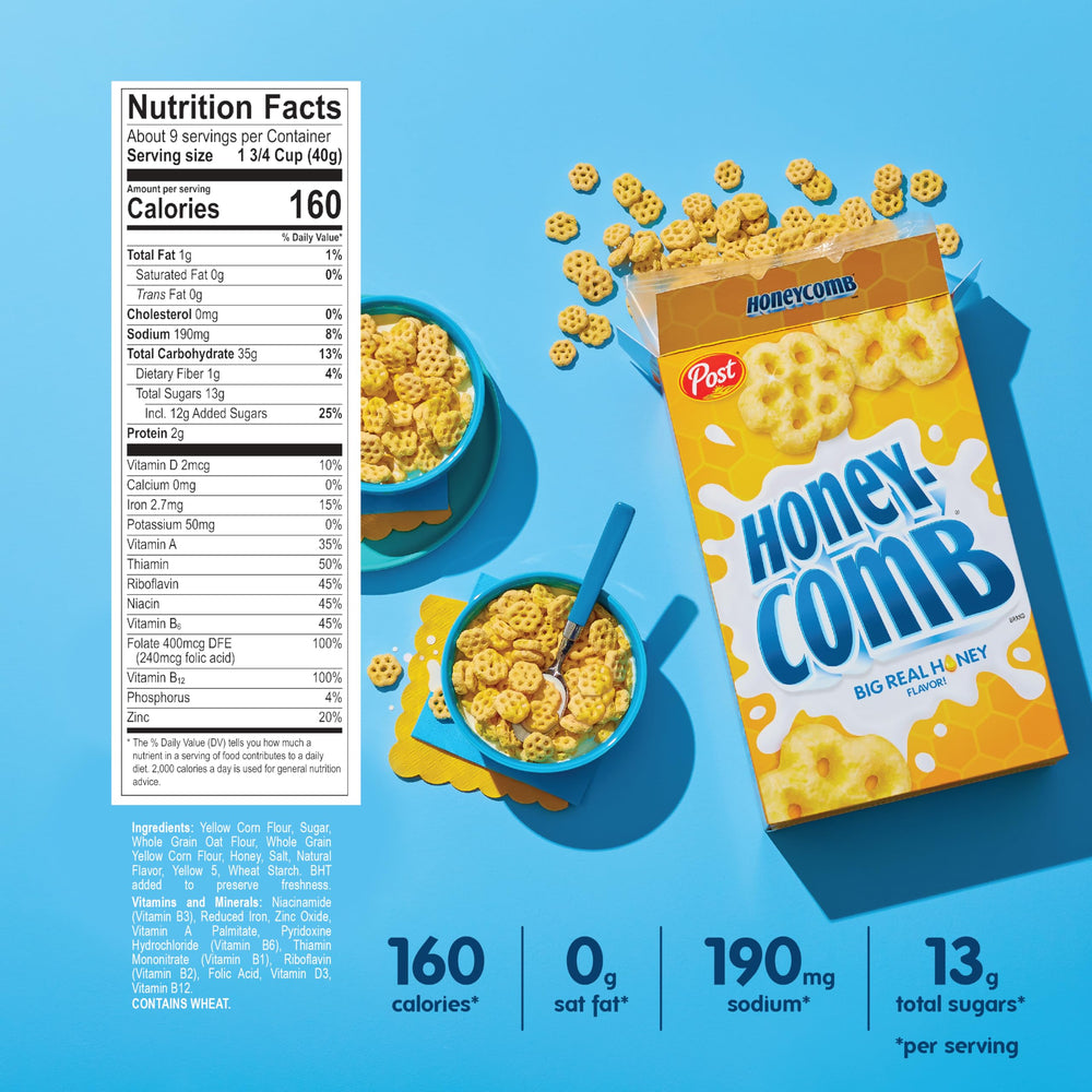 Post Honeycomb cereal bowl with milk ready for crunch