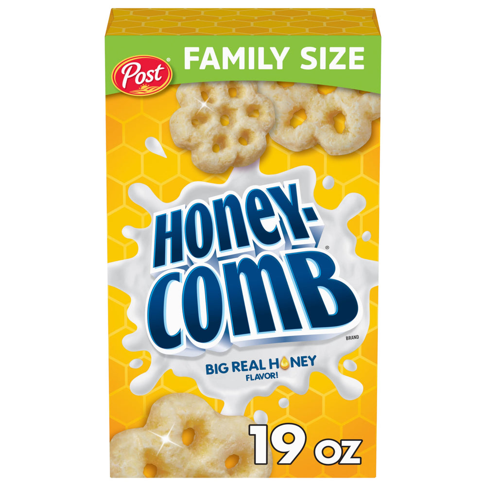 Honeycomb Cereal box front, 19 oz, ideal for quick breakfasts.