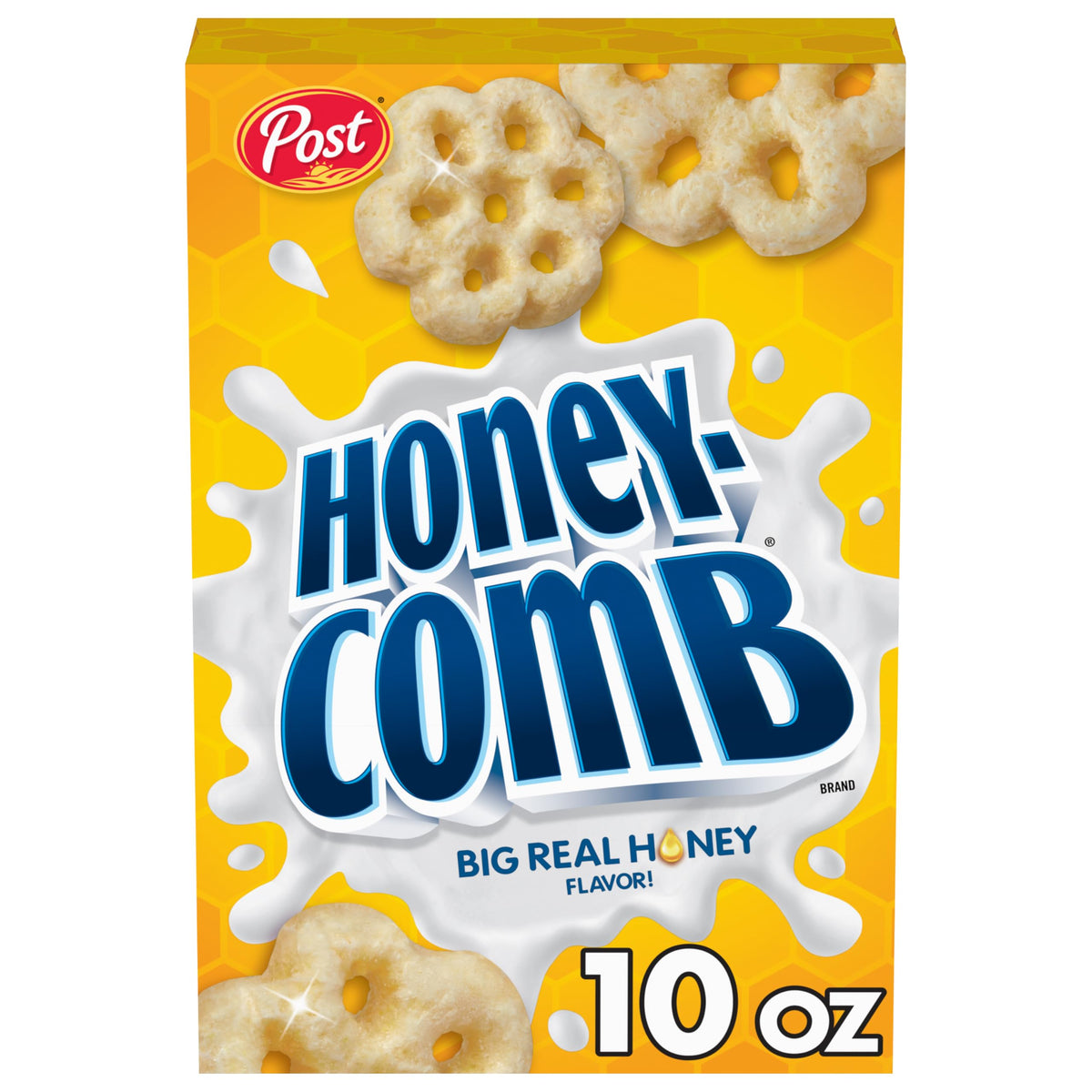 Post Honeycomb cereal box front inviting breakfast with honey flavor