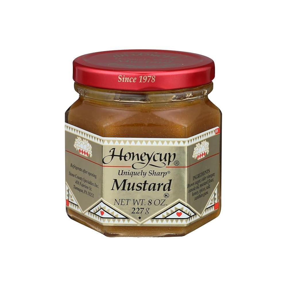 Honeycup Mustard bottle front view, versatile everyday condiment