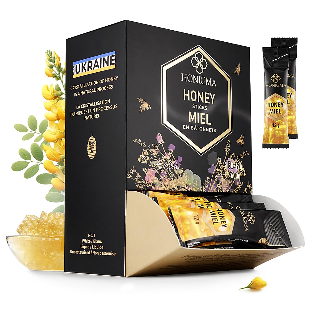 HONIGMA Acacia honey sticks pack showcases sustainable sourcing and Ukrainian beekeeping.