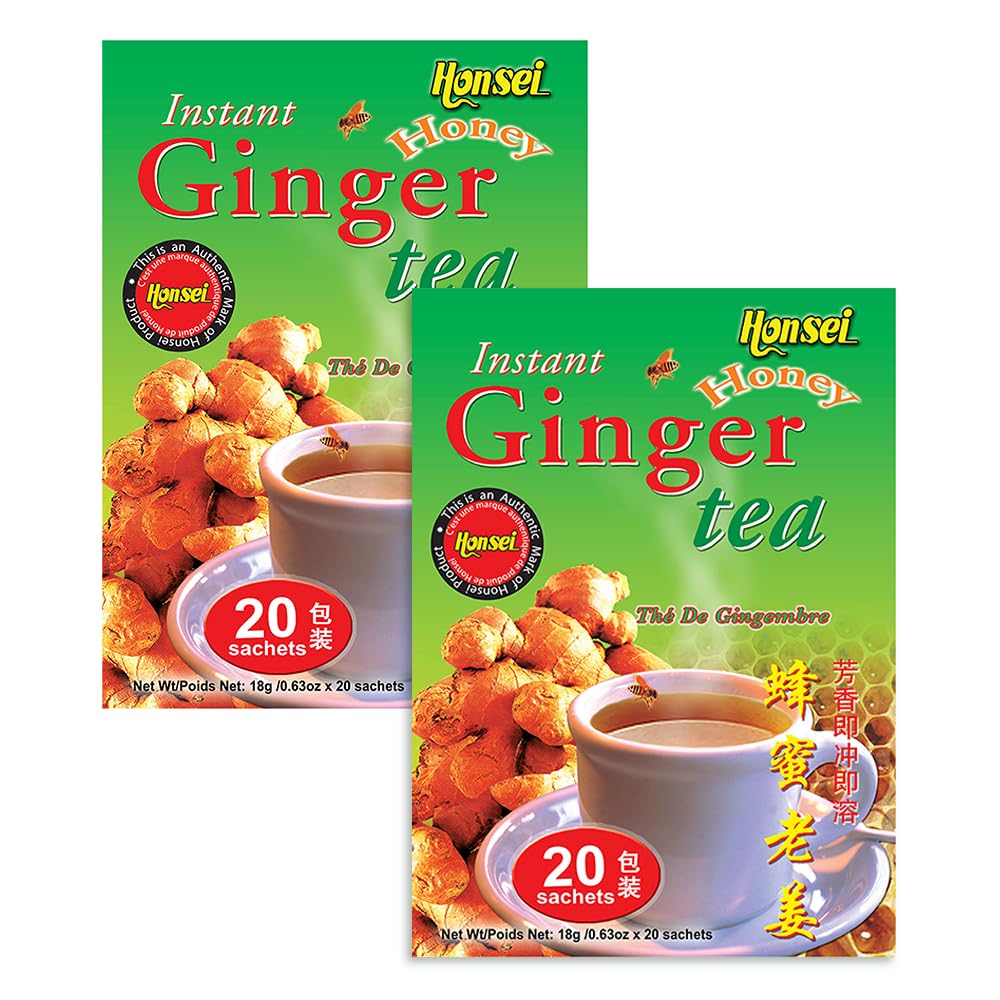 Honsei Ginger Honey Tea pack-shot shows 40 sachets for quick hot or iced brew
