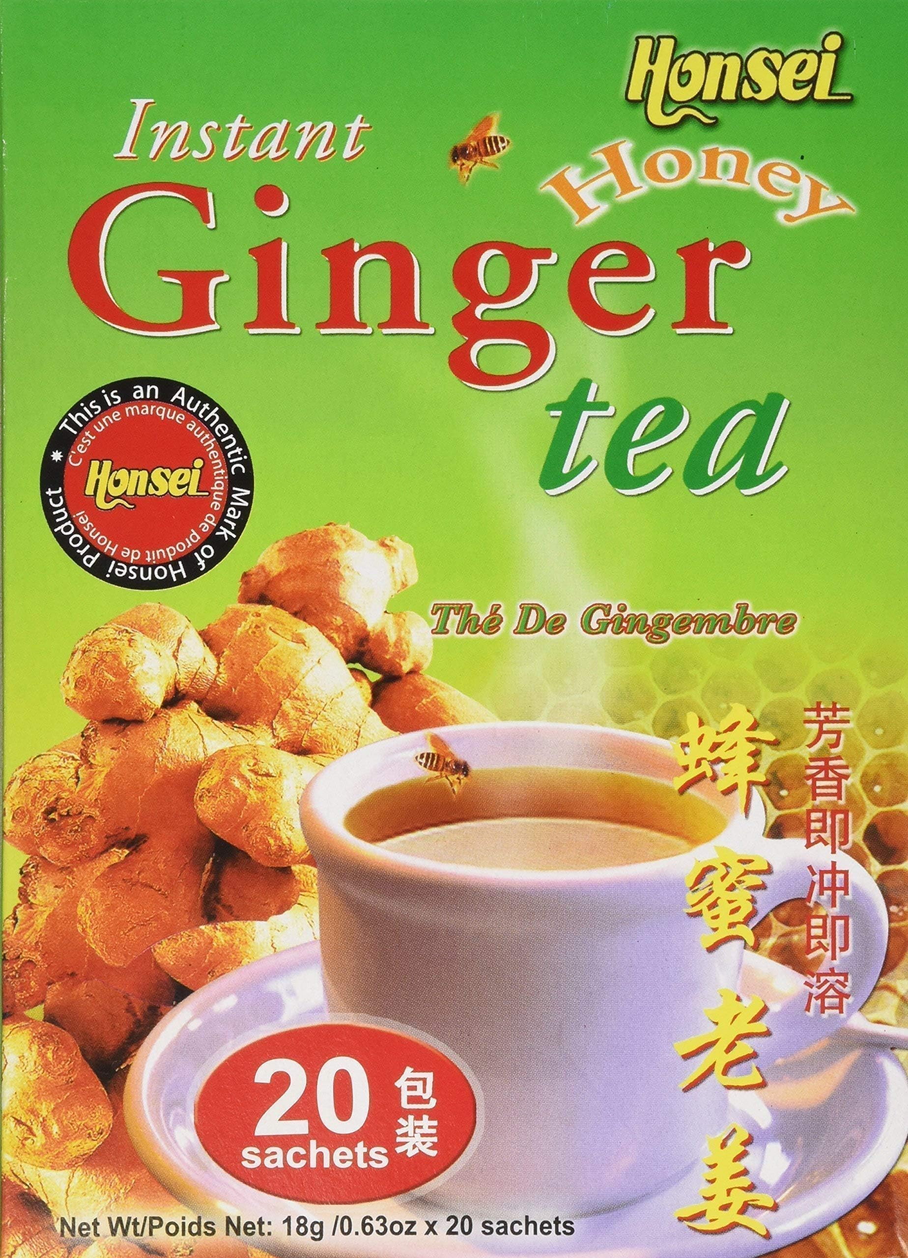 Honsei Instant Ginger Honey Tea sachets in a box for a cozy, natural cup