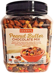 Hoody's Peanut Butter Chocolate Mix served on a spoon over a bowl for quick cravings.