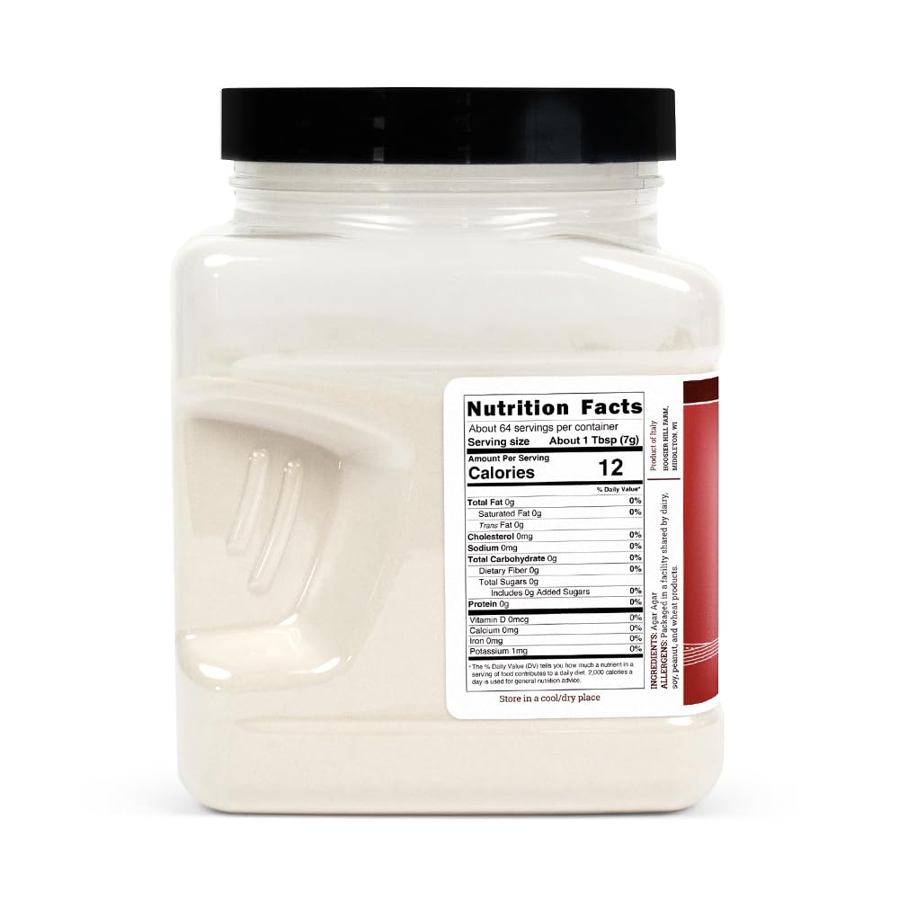 Hoosier Hill Farm agar agar powder with kitchen scoop demonstrates quick gel formation