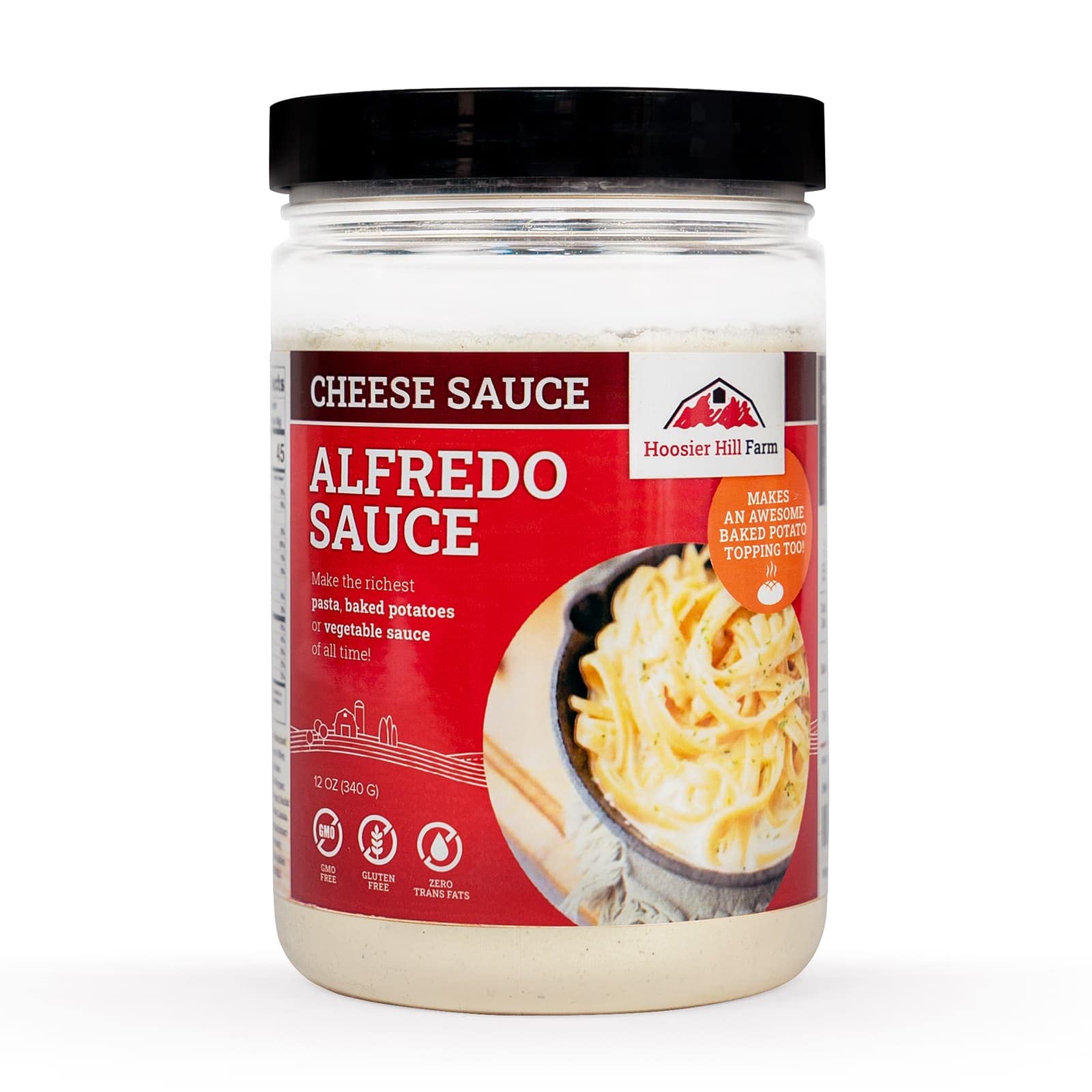 Hoosier Hill Farm Alfredo Sauce Mix bottle highlights rich Parmesan flavor for quick pasta.
