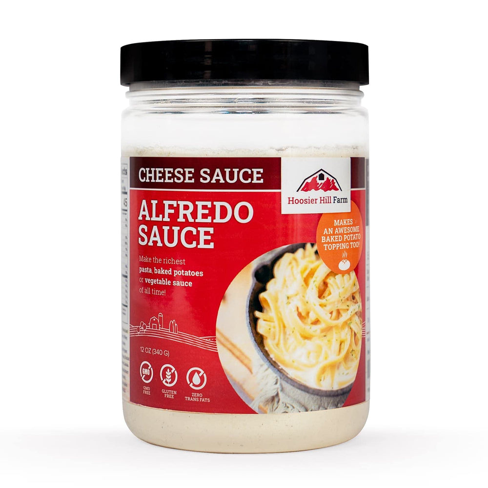 Hoosier Hill Farm Alfredo Sauce Mix bottle highlights rich Parmesan flavor for quick pasta.