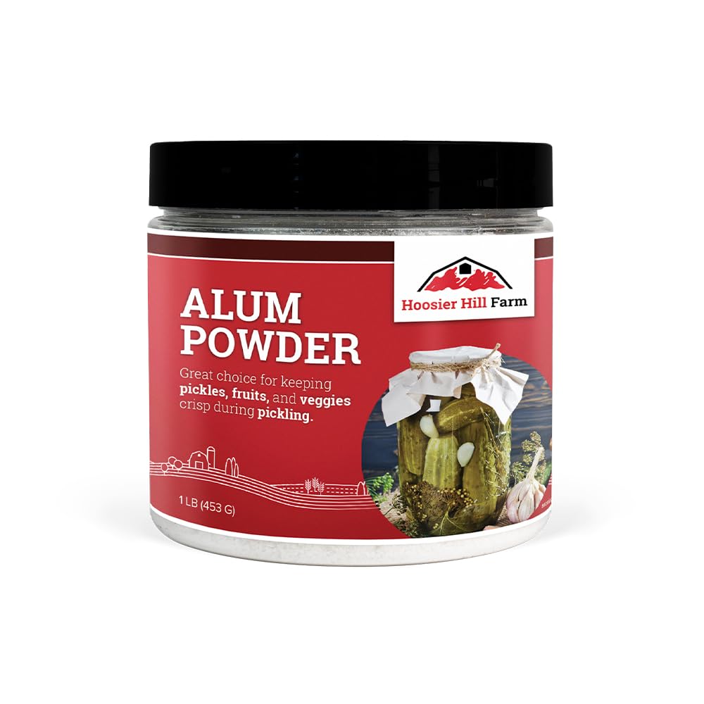 Hoosier Hill Farm alum granulated pickle powder in a jar, ideal for crisp pickles.
