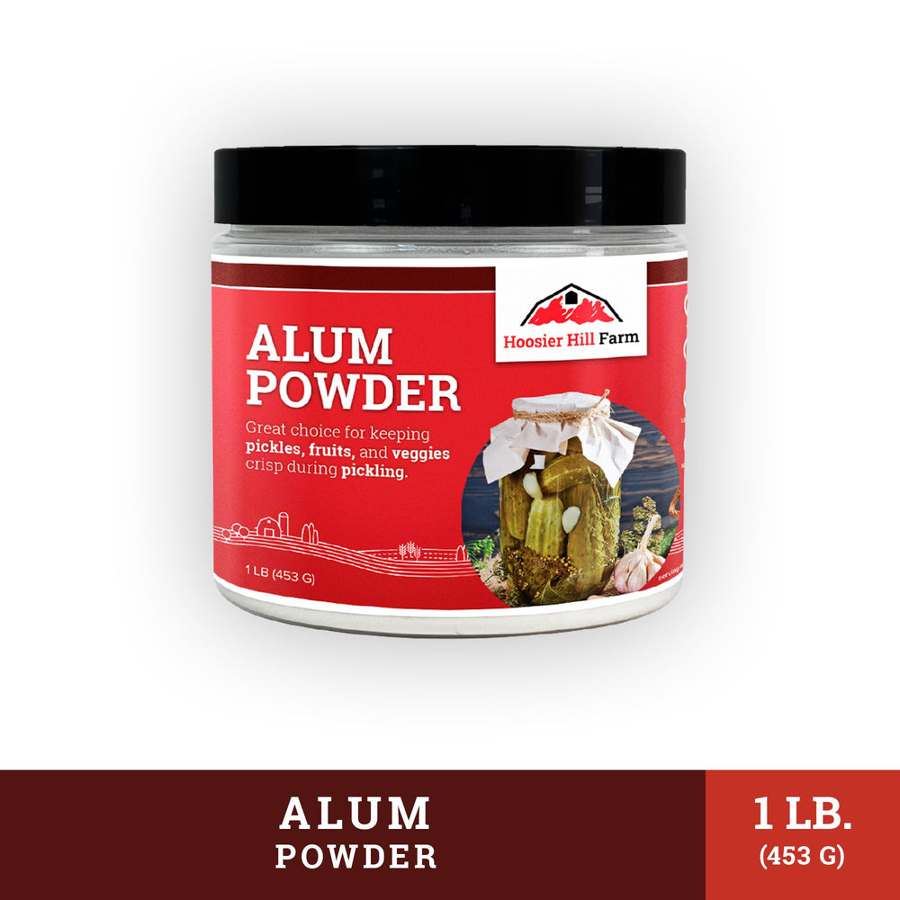 Product label on Hoosier Hill Farm alum powder showing USA-made quality.