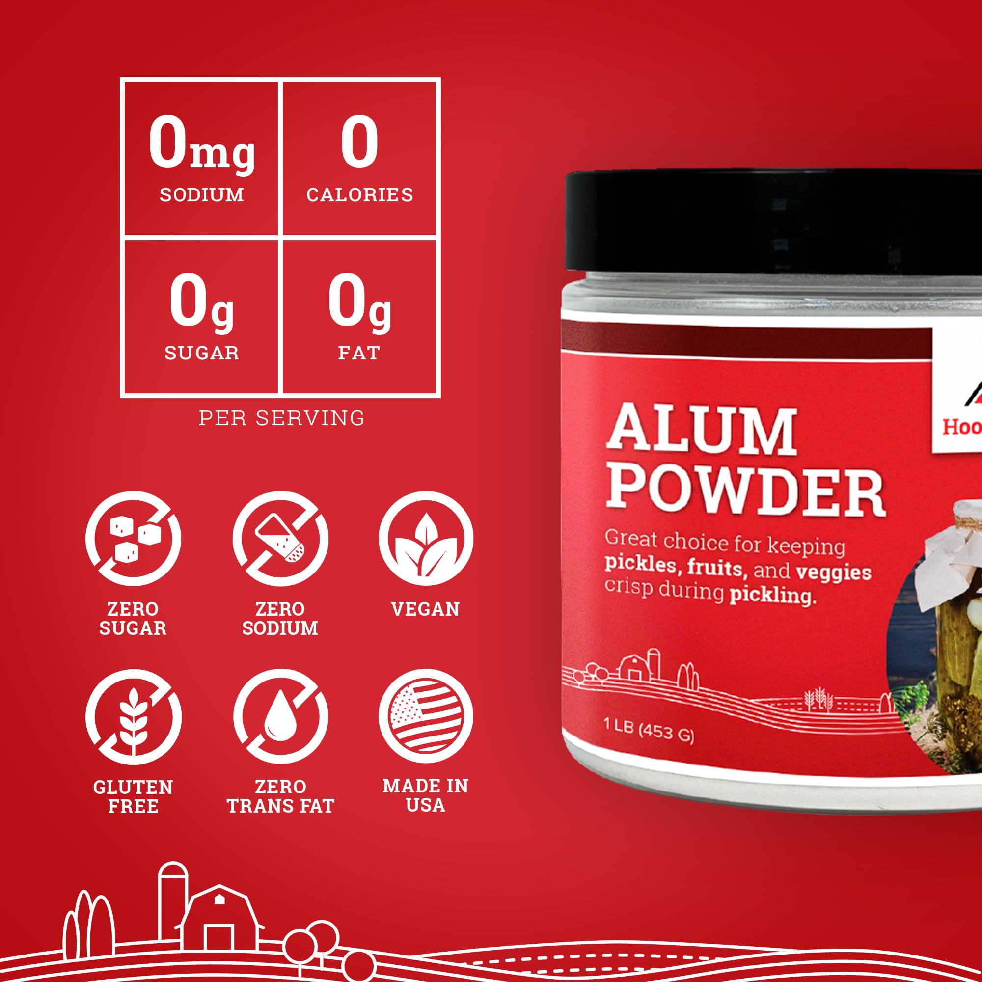 USA-made Hoosier Hill Farm alum powder packaging and label.