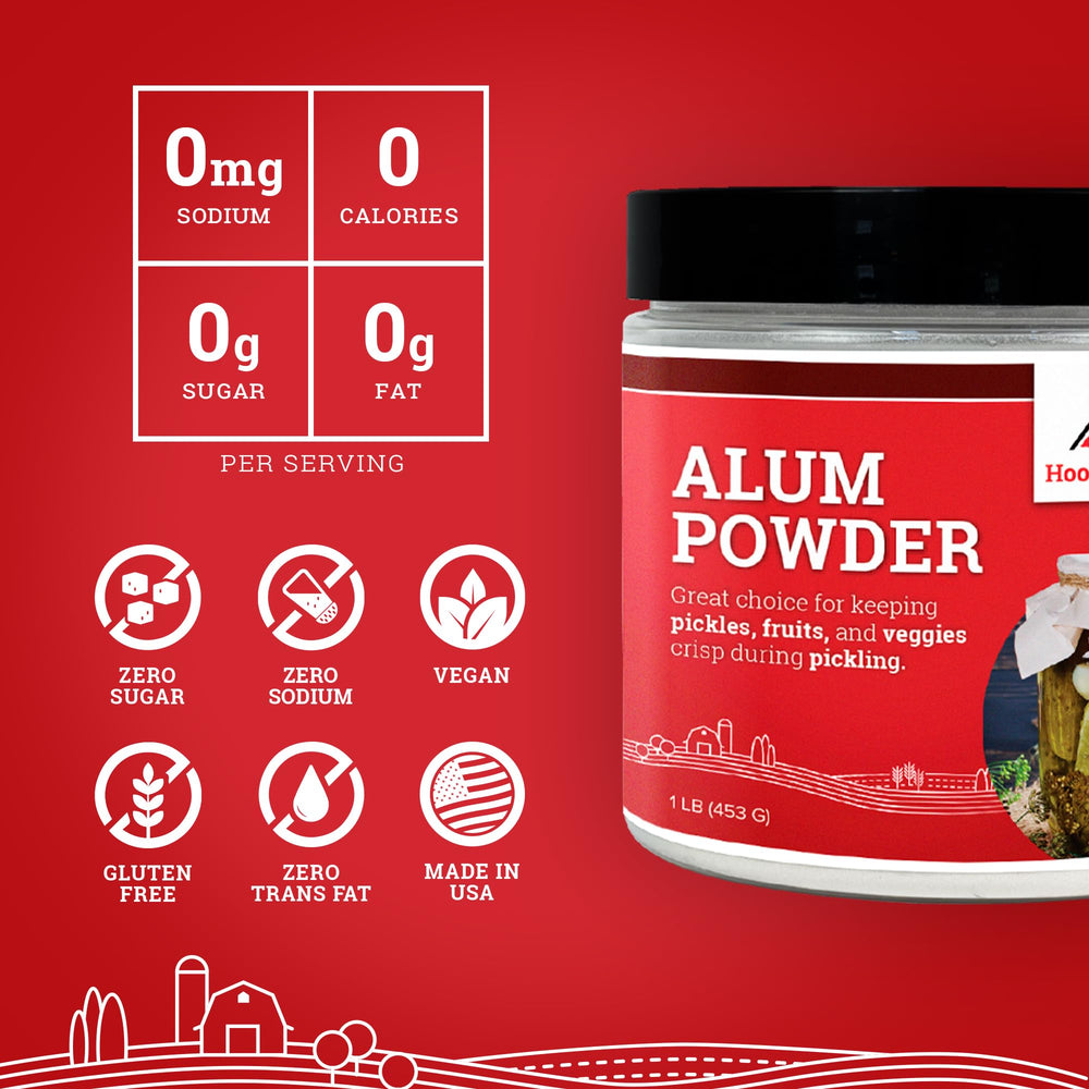 USA-made Hoosier Hill Farm alum powder packaging and label.