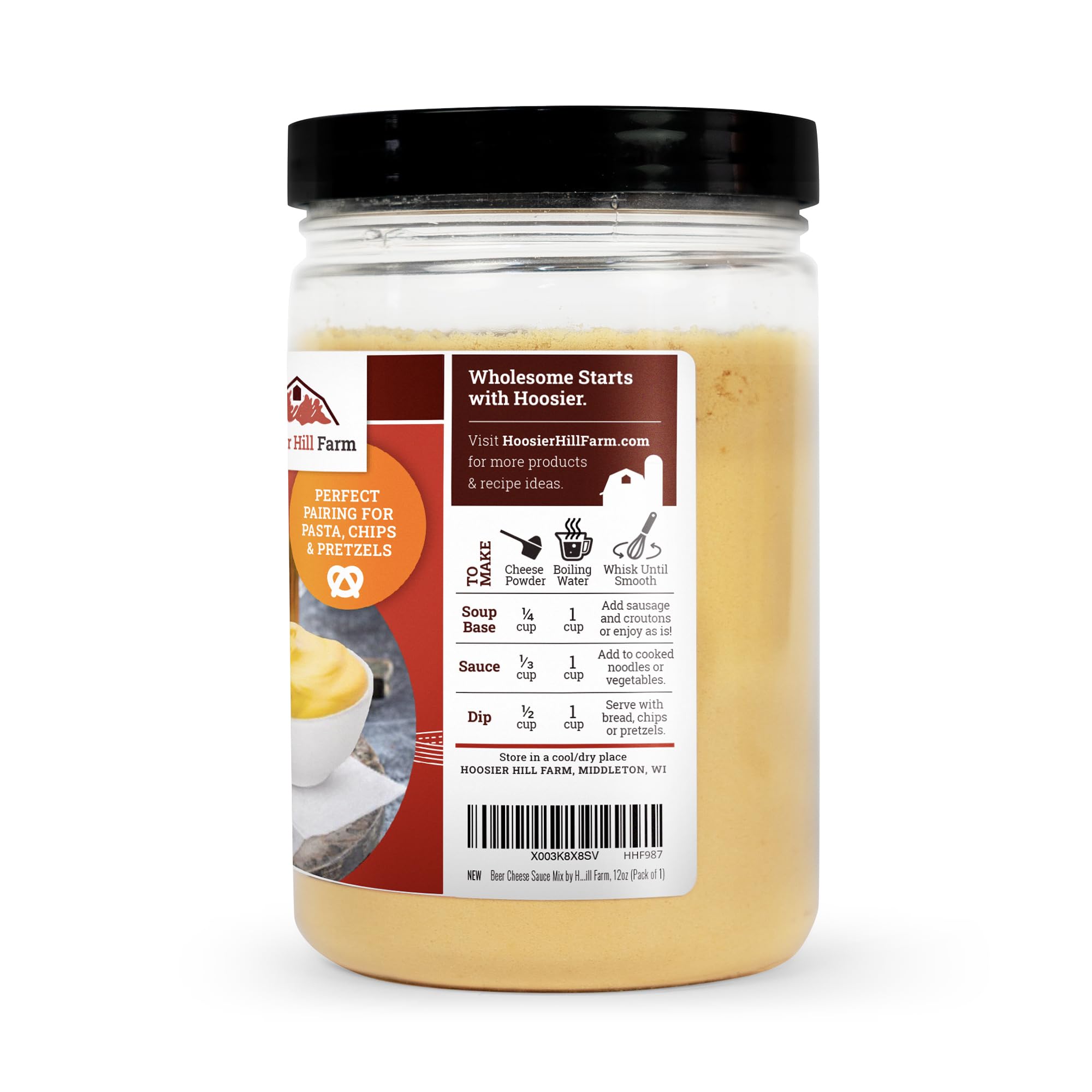 Hoosier Hill Farm Beer Cheese Sauce Mix paired with sausages for savory dinners.