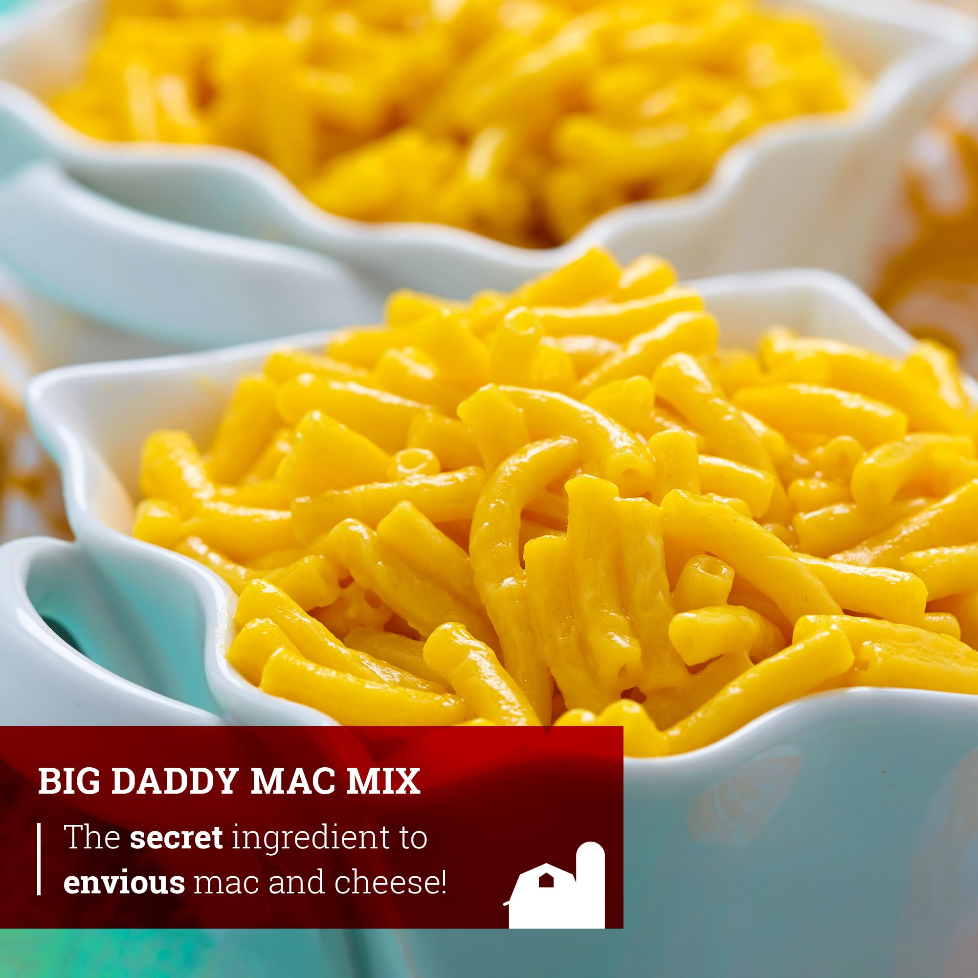Hoosier Hill Farm Big Daddy Mac Mix served in a bowl over pasta for quick family meals.
