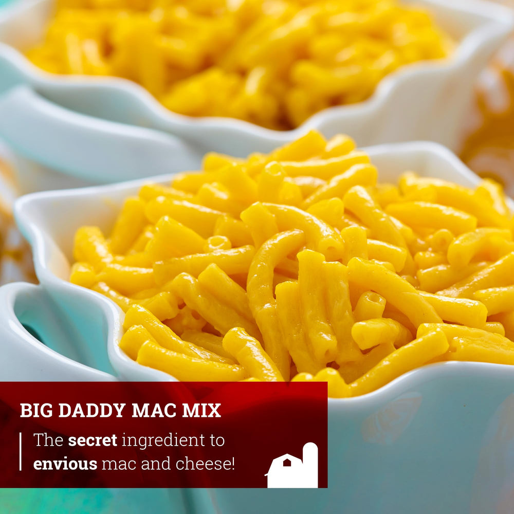 Hoosier Hill Farm Big Daddy Mac Mix served in a bowl over pasta for quick family meals.