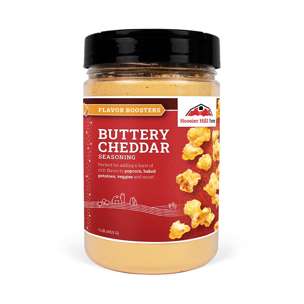 Hoosier Hill Farm Buttery Cheddar Seasoning bottle adds savory depth to snacks