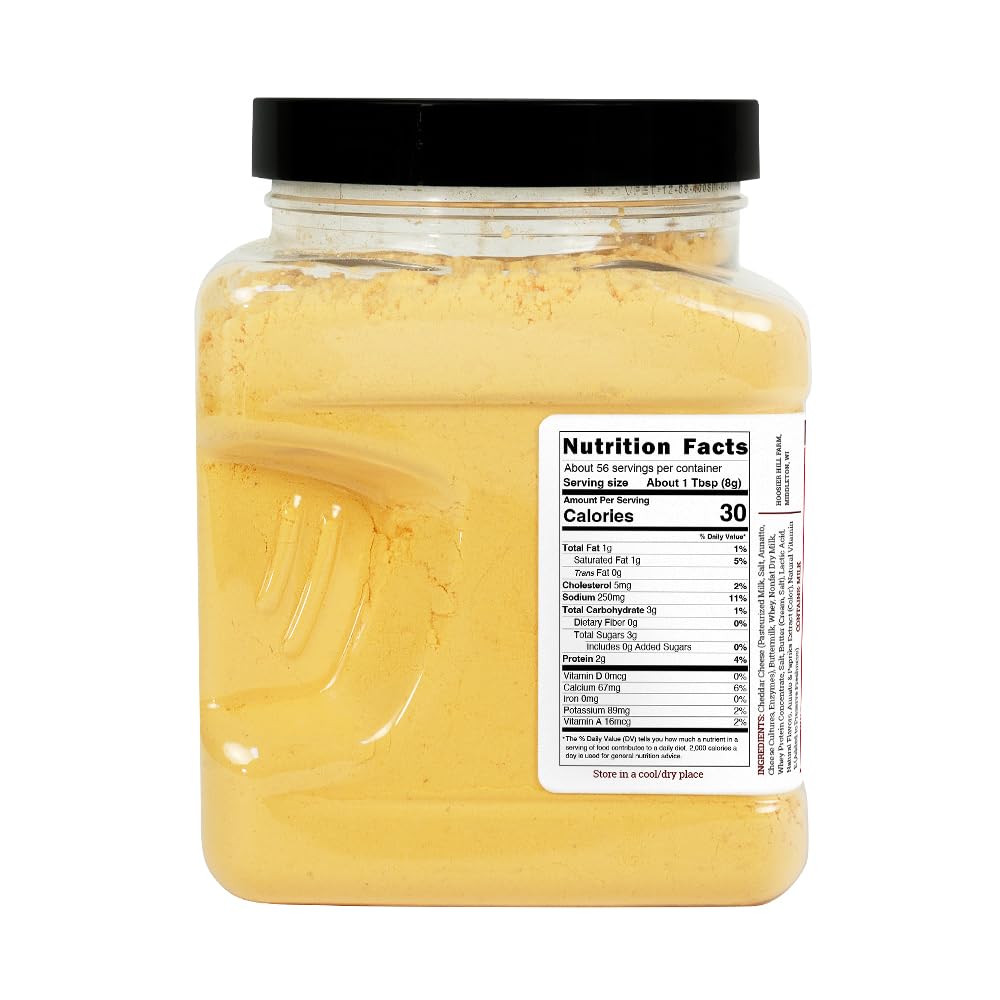Close-up of Hoosier Hill Farm cheddar cheese powder jar with natural colorings for vibrant sauces.