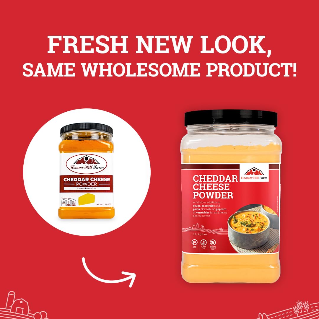 Hoosier Hill Farm Cheddar Cheese Powder stored in pantry for easy access.