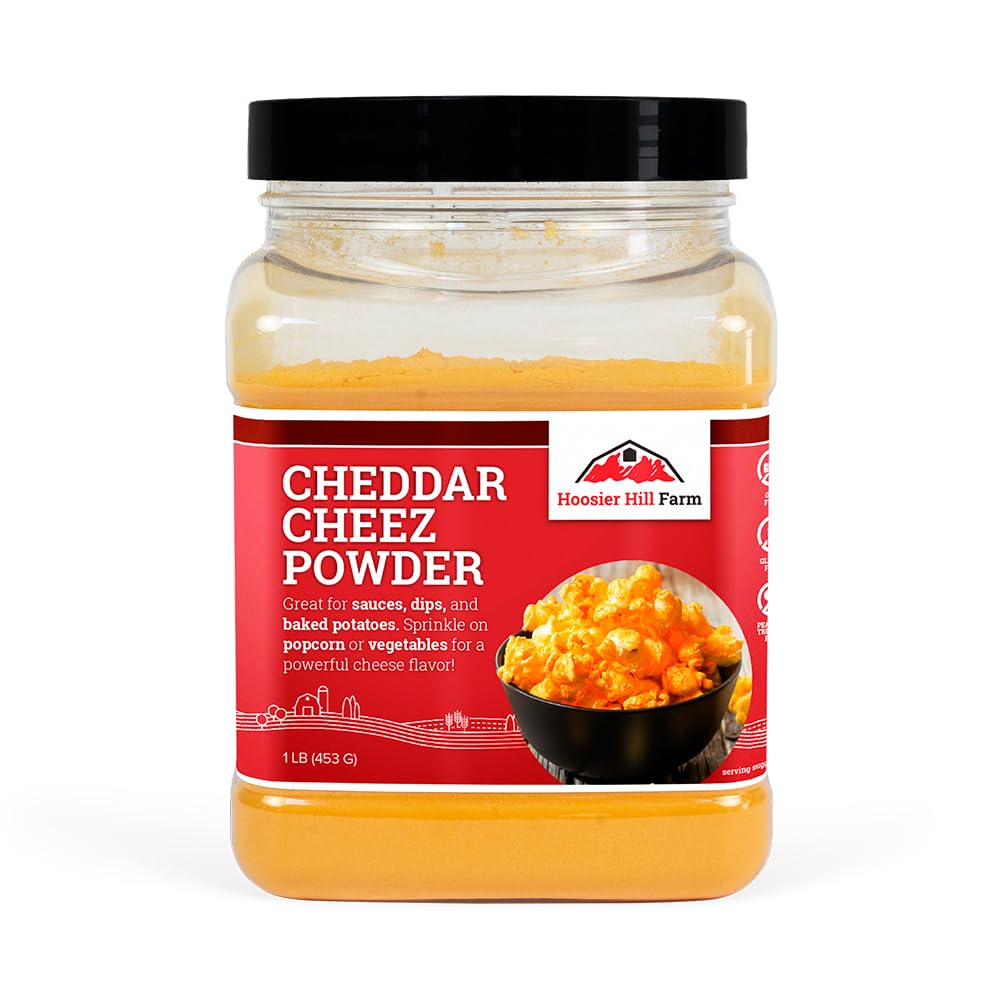 Hoosier Hill Farm Cheddar Cheez Powder bottle adds cheddar flavor to snacks.