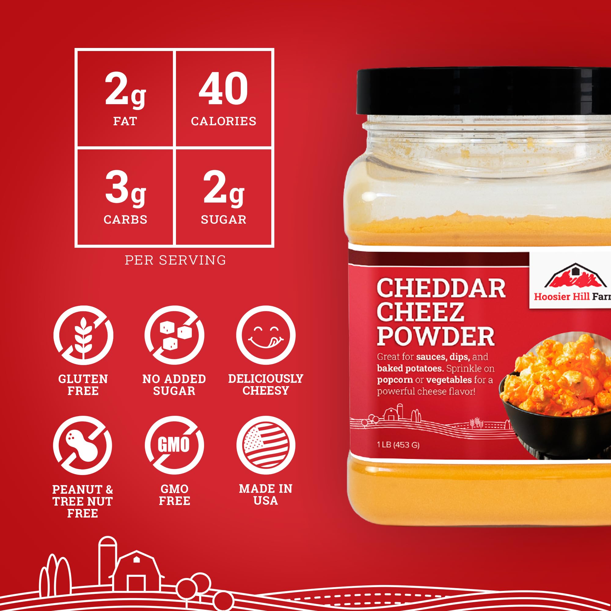 Hoosier Hill Farm Cheddar Cheez Powder on popcorn for a cheesy crunch.