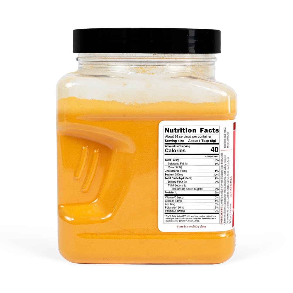 Hoosier Hill Farm Cheddar Cheez Powder tub with sealed lid for easy pantry storage.