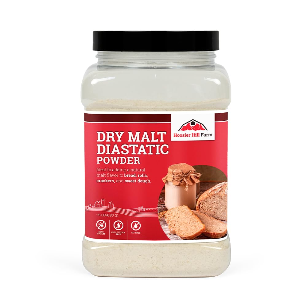 Hoosier Hill Farm Dry Malt bottle label highlights diastatic malt for rich flavor and golden crust.